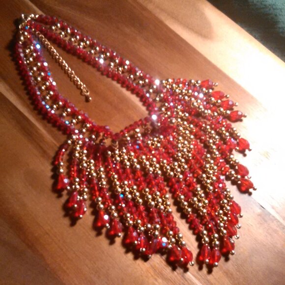 Red Glass and Beaded Waterfall Goldtone Necklace - Picture 2 of 16